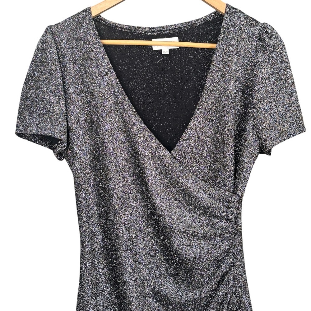 Apricot Metallic Silver Sparkle Wrap Mini Dress - Ruched Bodycon UK 10 (US 6) - Picture 6 of 10